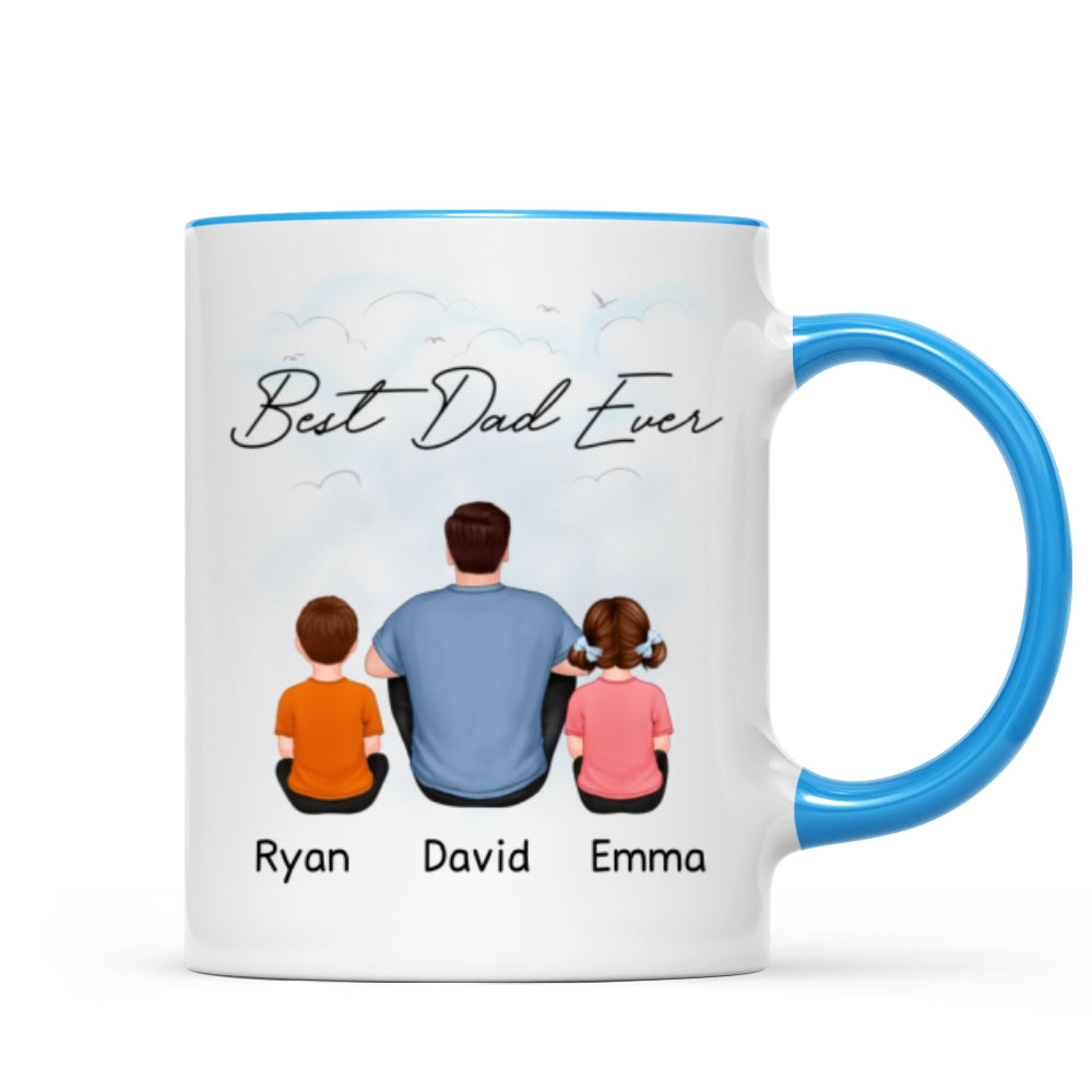 Back View Dad And Kids Dogs Cats Sitting Father's Day Gift For Dad Personalized Mug