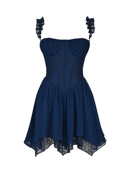 Navy Ruffle Straps Corset Layered Hanky Mini Dress