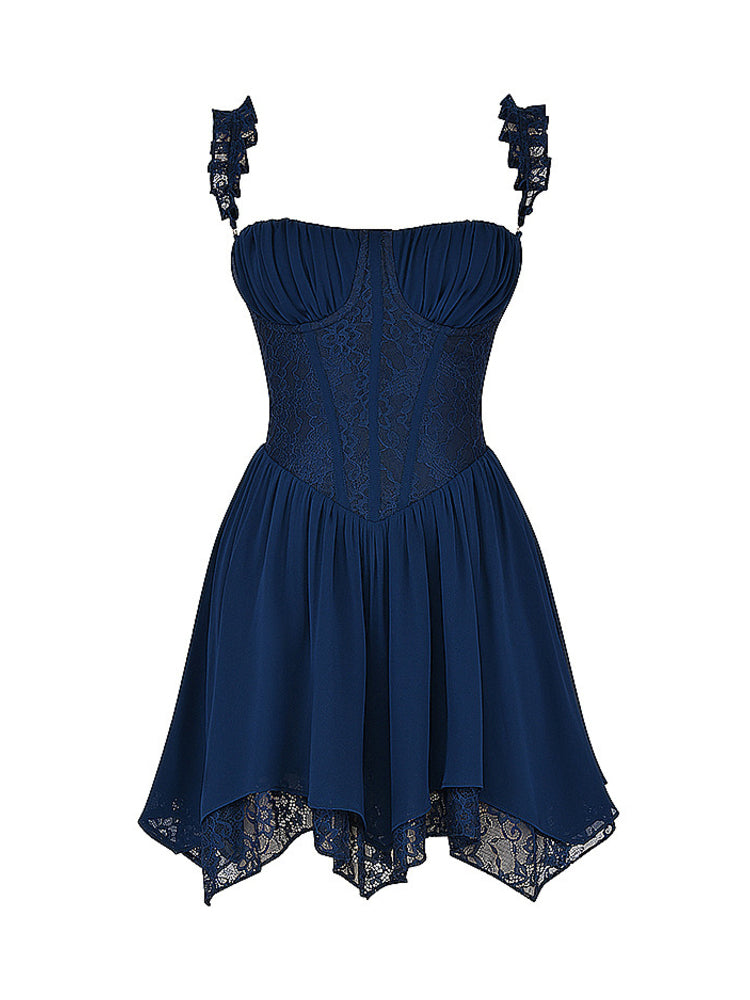 Navy Ruffle Straps Corset Layered Hanky Mini Dress