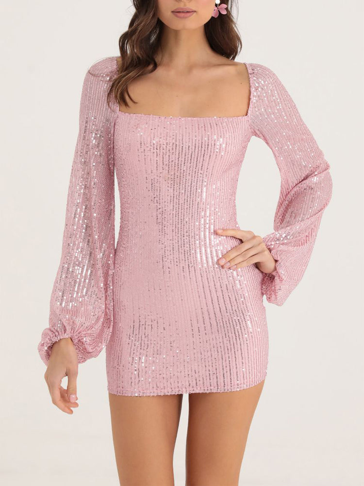 Sequin Open Back Puff Long Sleeve Mini Dress