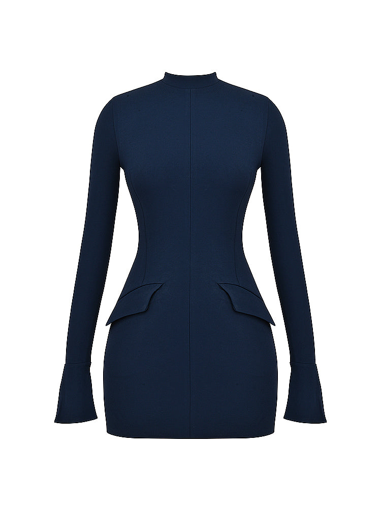 Navy Fluted Cuffs Long Sleeve Bodycon Mini Dress