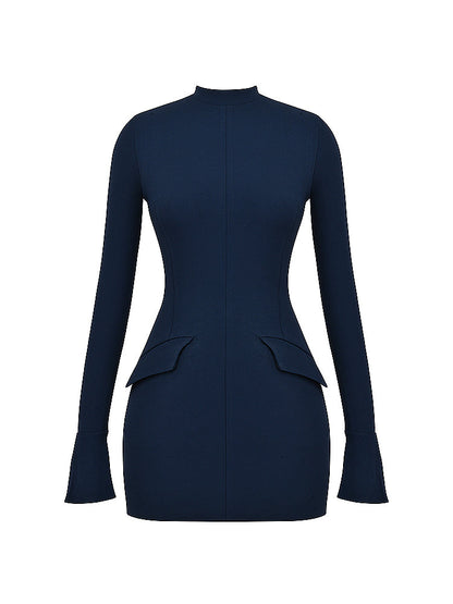 Navy Fluted Cuffs Long Sleeve Bodycon Mini Dress