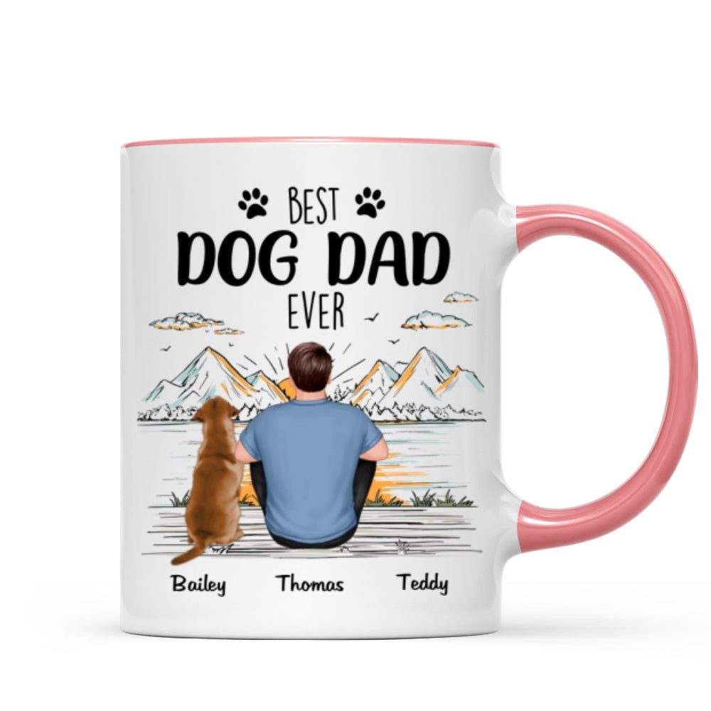 Back View Man Sitting With Dogs Best Dog Dad Ever Mountain Sketch Personalized Mug