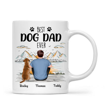 Back View Man Sitting With Dogs Best Dog Dad Ever Mountain Sketch Personalized Mug