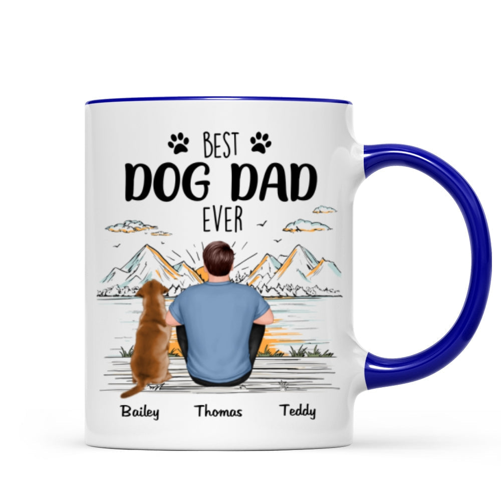 Back View Man Sitting With Dogs Best Dog Dad Ever Mountain Sketch Personalized Mug
