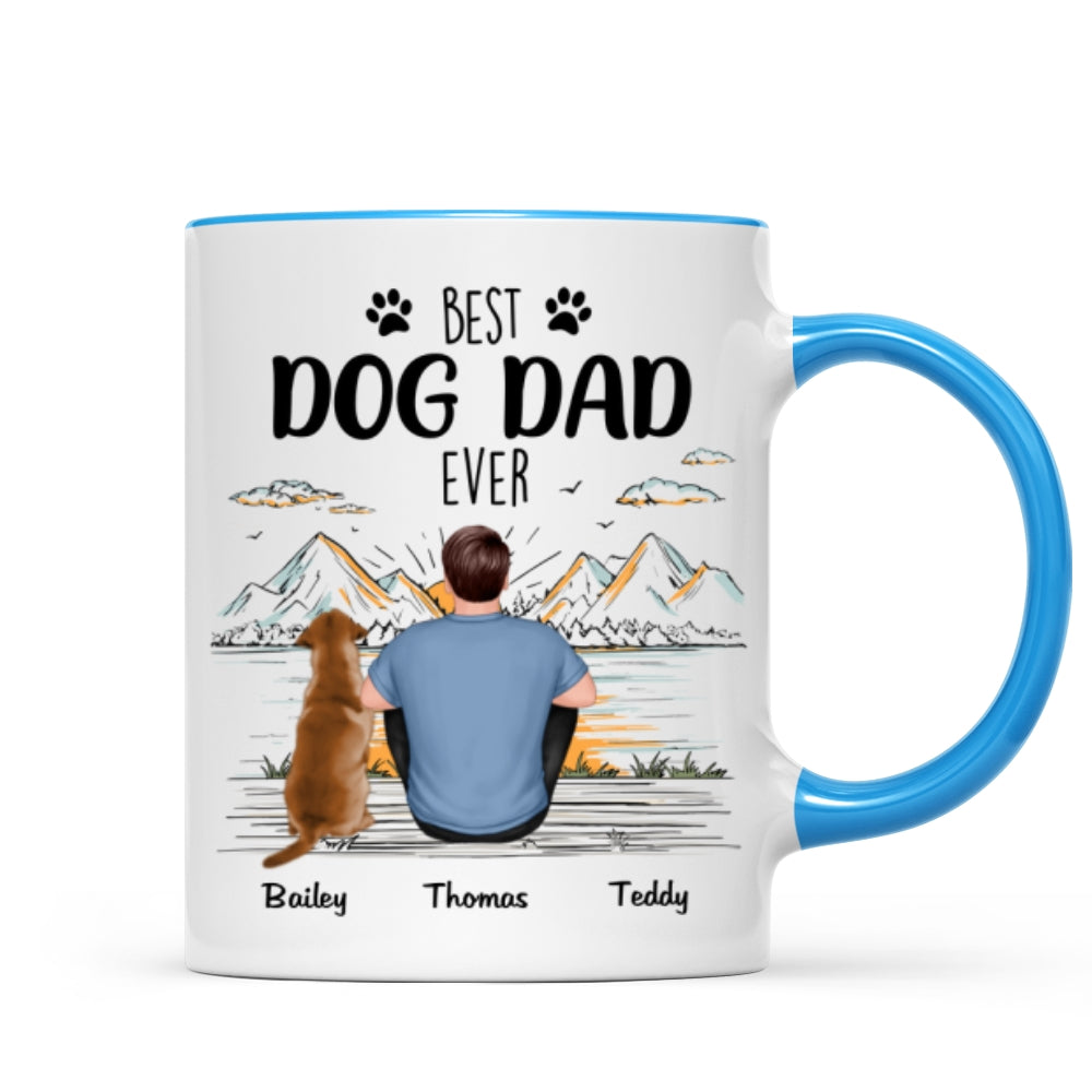 Back View Man Sitting With Dogs Best Dog Dad Ever Mountain Sketch Personalized Mug