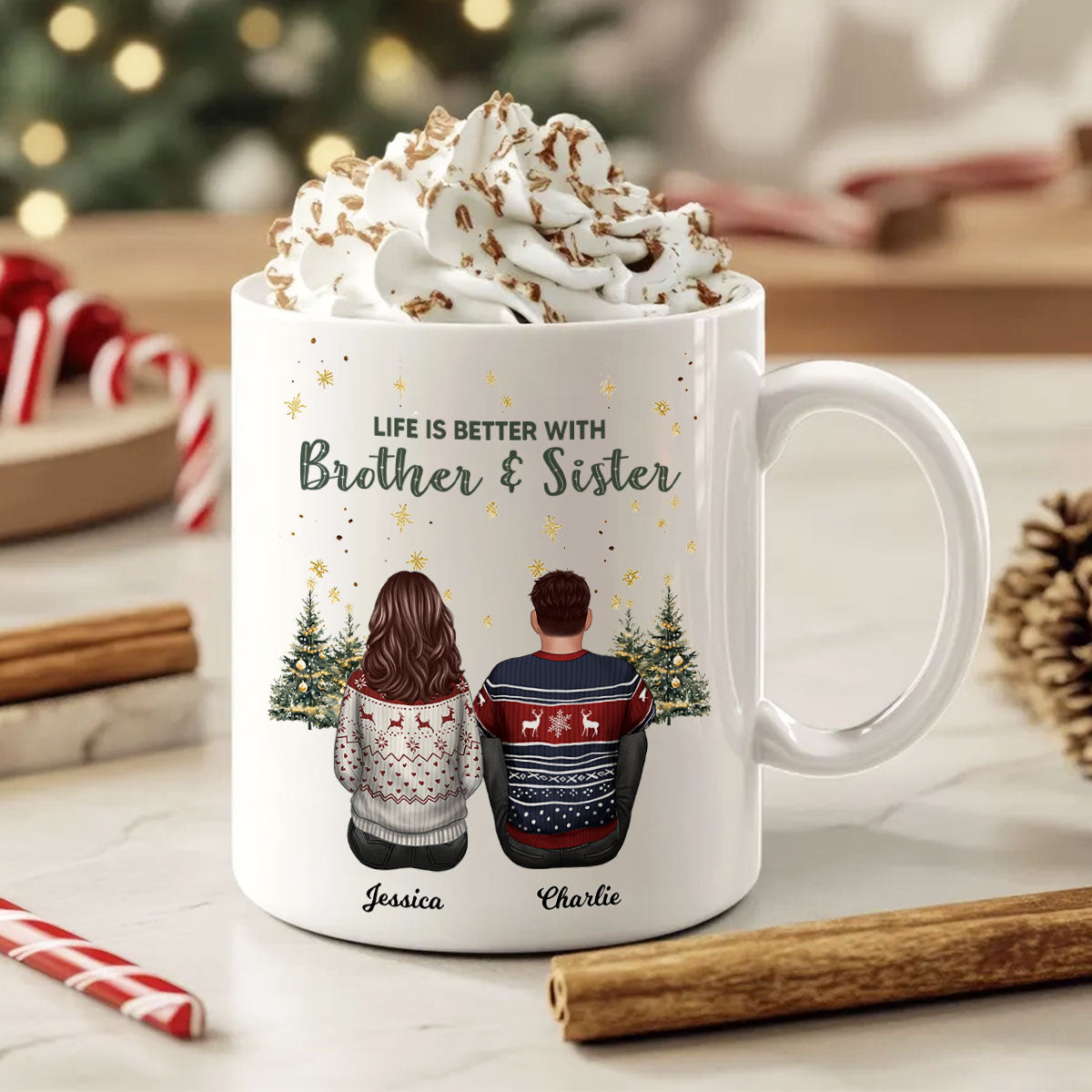 Brother Sisters Christmas Tree Personalized Mug, Christmas Gift for Siblings