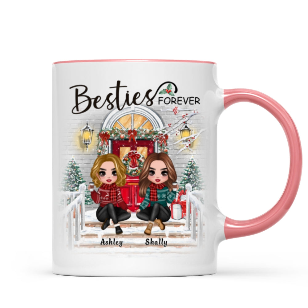 Christmas Doll Sitting Best Friends Sisters Front Porch Personalized Mug