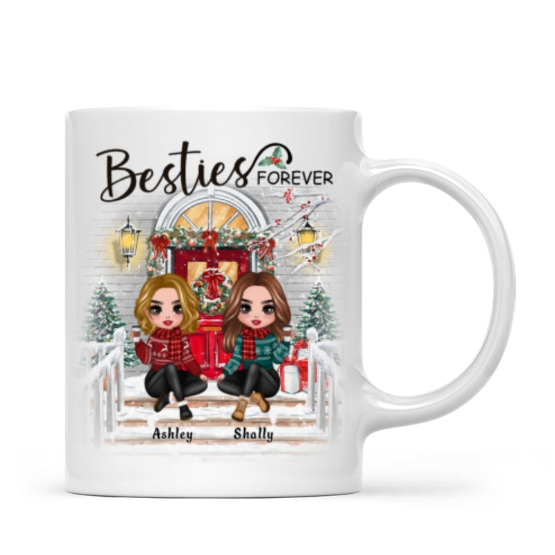 Christmas Doll Sitting Best Friends Sisters Front Porch Personalized Mug