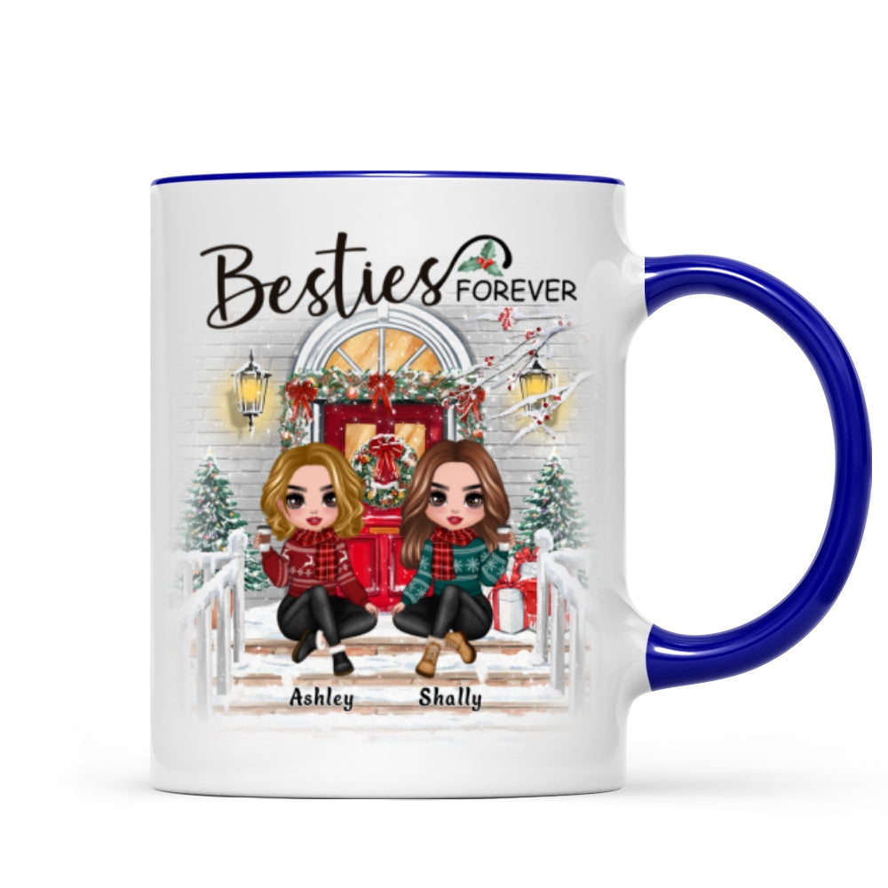 Christmas Doll Sitting Best Friends Sisters Front Porch Personalized Mug