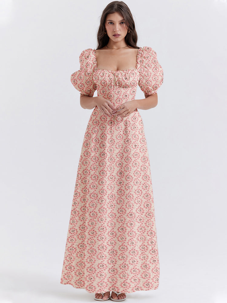 Floral Print Square Neckline Puff Sleeves Maxi Dress