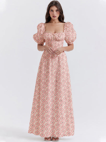 Floral Print Square Neckline Puff Sleeves Maxi Dress