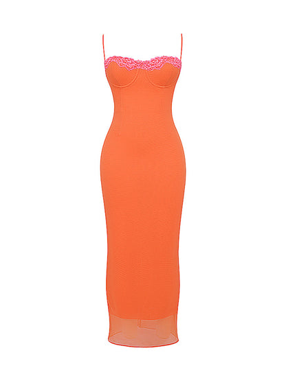 Flame Orange Lace Trim Slit Mesh Maxi Dress