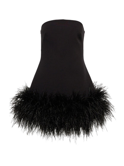 Feather-trimmed Bandeau Neck A-line Mini Dress