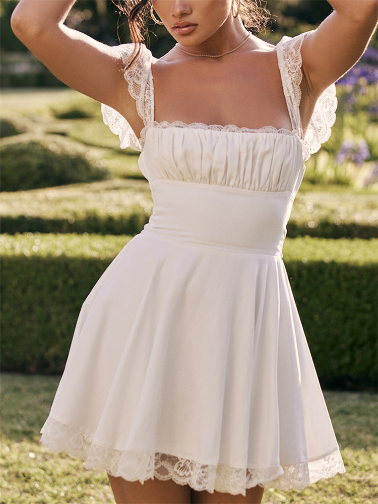 Lace Cap Sleeves Empire Waist Mini Dress