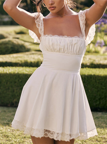 Lace Cap Sleeves Empire Waist Mini Dress
