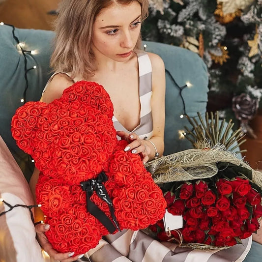 Red Rose Teddy Bear 40cm Artificial Rose Flower Gift