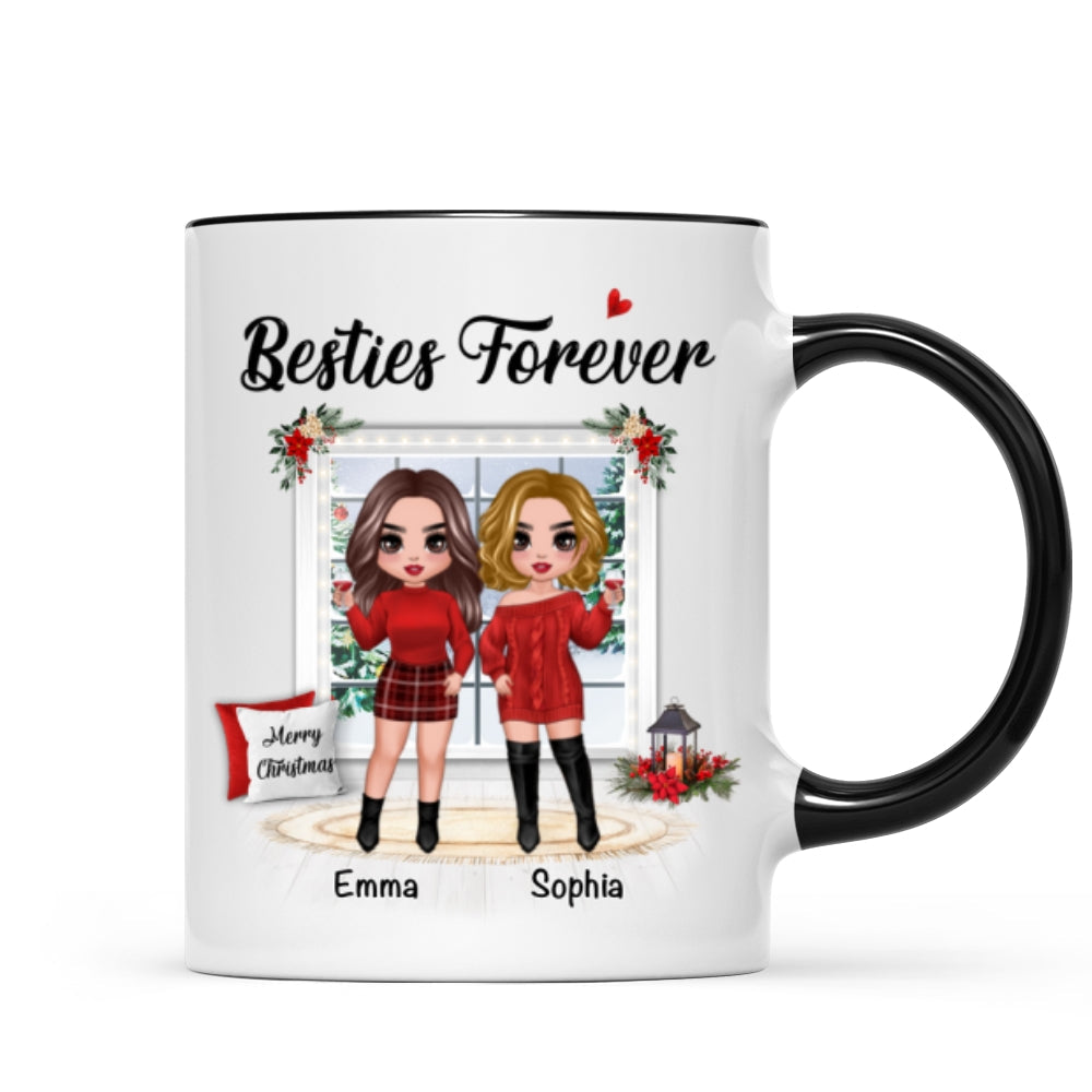 Christmas Doll Besties Standing By The Window Personalized Mug
