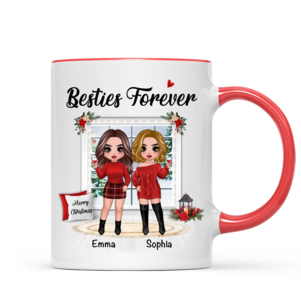 Christmas Doll Besties Standing By The Window Personalized Mug