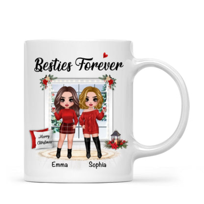 Christmas Doll Besties Standing By The Window Personalized Mug