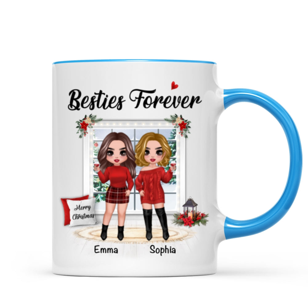 Christmas Doll Besties Standing By The Window Personalized Mug