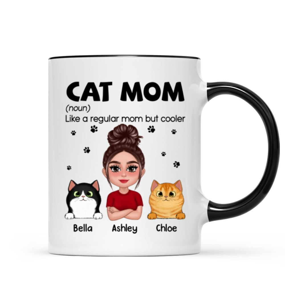 Cat Mom Definition Pretty Doll Woman & Fluffy Cat Personalized Mug