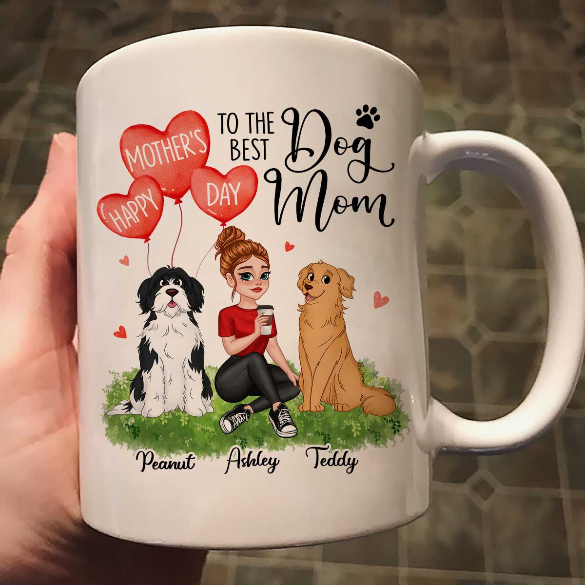 Happy Mother's Day Dog Mom Pretty Cartoon Woman Sitting Dogs Hearts Personalized Mug