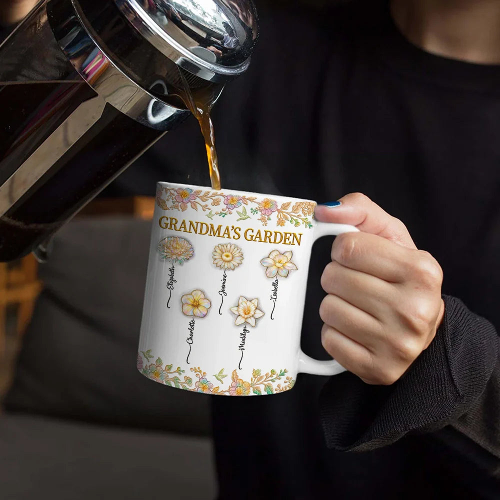Grandma's Garden Nacre Effect Birth Flower - Personalized White Edge-to-Edge Mug