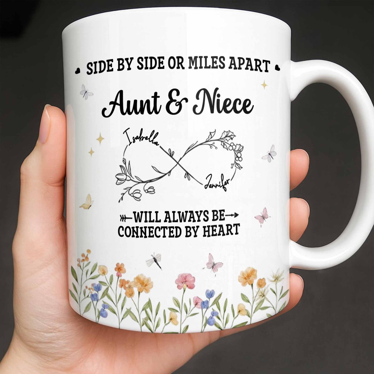 Aunt & Niece Always Connected by Heart With Flowers - Personalized Custom Coffee Mug - AUNT004_MG