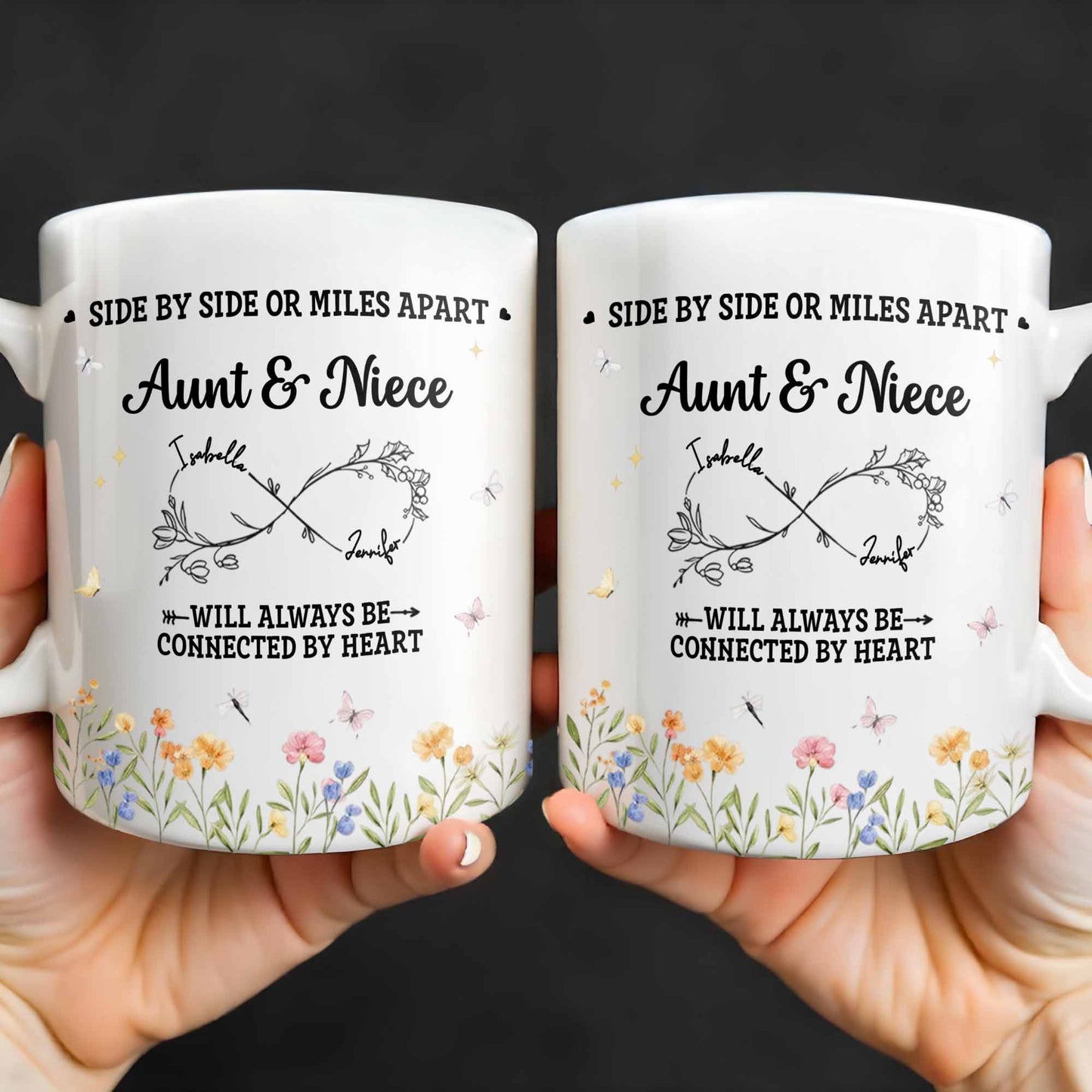 Aunt & Niece Always Connected by Heart With Flowers - Personalized Custom Coffee Mug - AUNT004_MG
