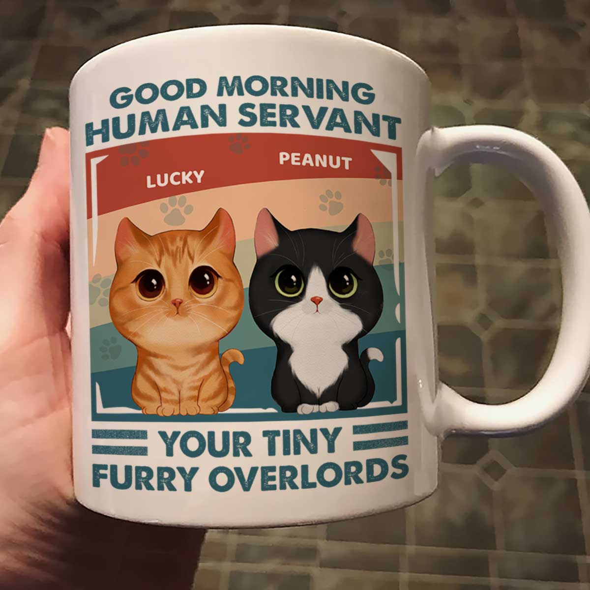Good Morning Human Servant Retro Watercolor Cute Cats Personalized Mug