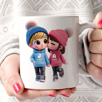 3D Effect Cute Cartoon Couple Walking Personalized Mug, Perfect Valentine'Day Gift for him, Gift for her