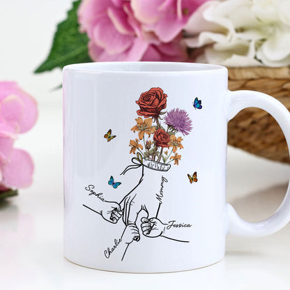 Holding Mom Grandma Hand Birth Month Flowers Personalized Mug
