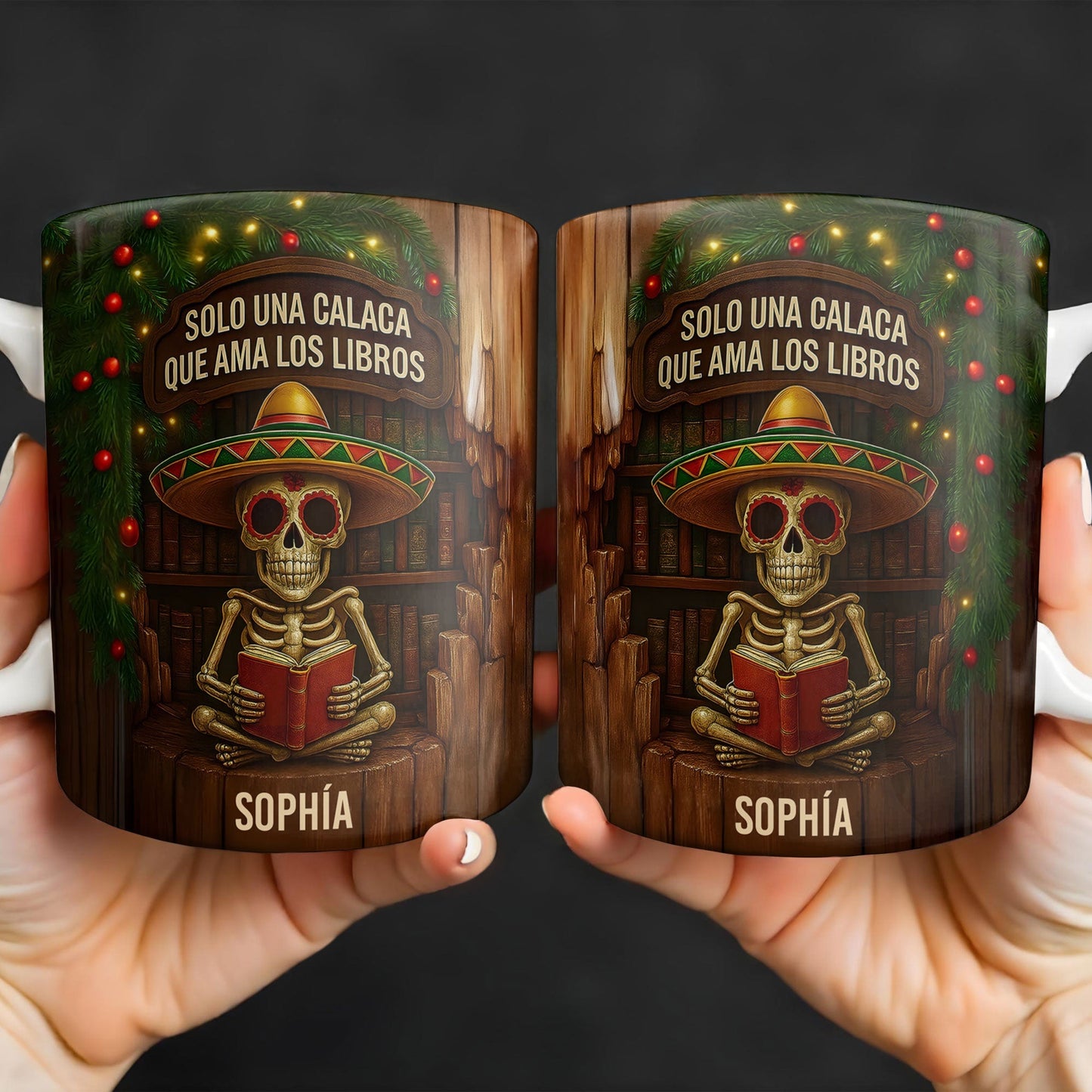 Solo Una Calaca Que Ama Los Libros With Books And Sombrero - Personalized Custom Coffee Mug - BLV010_MG