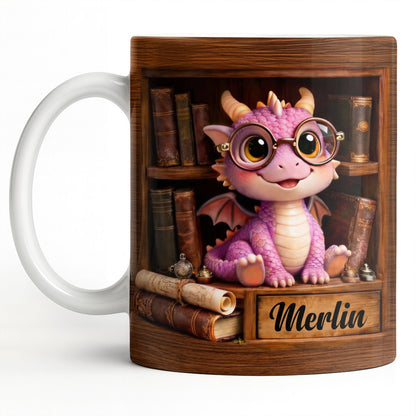 Cute Baby Dragon With Glasses, Books And Scrolls Wooden Bookshelf - Personalized Custom Coffee Mug - BLV093_MG