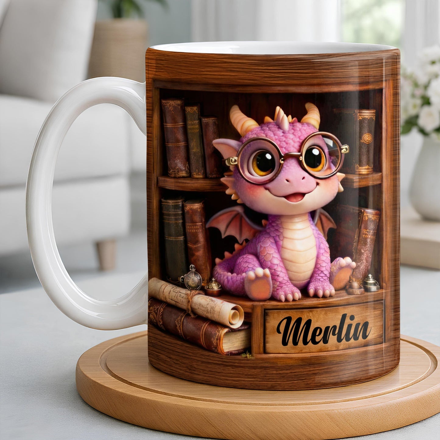 Cute Baby Dragon With Glasses, Books And Scrolls Wooden Bookshelf - Personalized Custom Coffee Mug - BLV093_MG