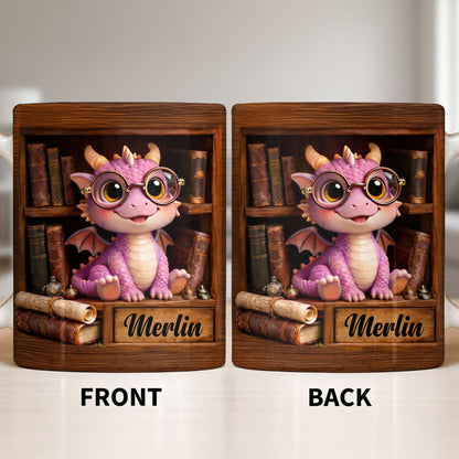 Cute Baby Dragon With Glasses, Books And Scrolls Wooden Bookshelf - Personalized Custom Coffee Mug - BLV093_MG
