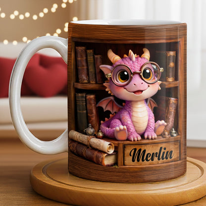 Cute Baby Dragon With Glasses, Books And Scrolls Wooden Bookshelf - Personalized Custom Coffee Mug - BLV093_MG