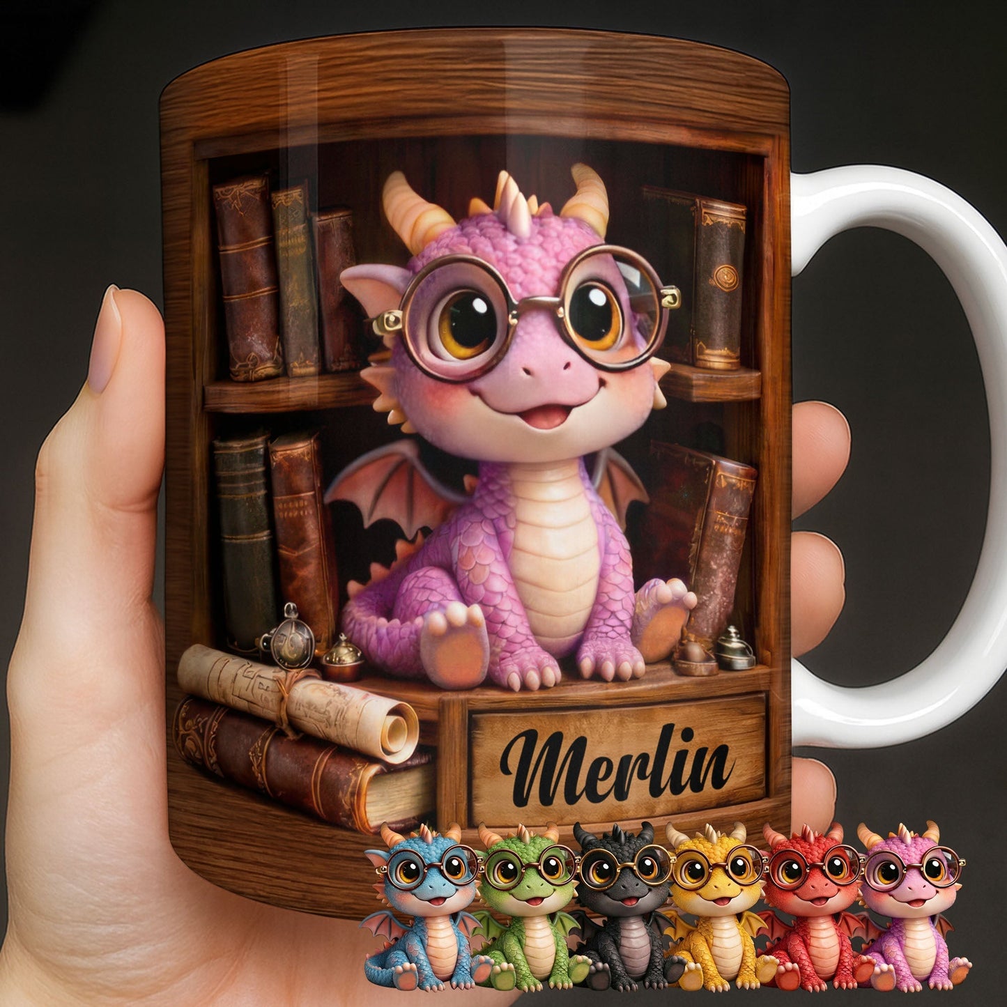 Cute Baby Dragon With Glasses, Books And Scrolls Wooden Bookshelf - Personalized Custom Coffee Mug - BLV093_MG