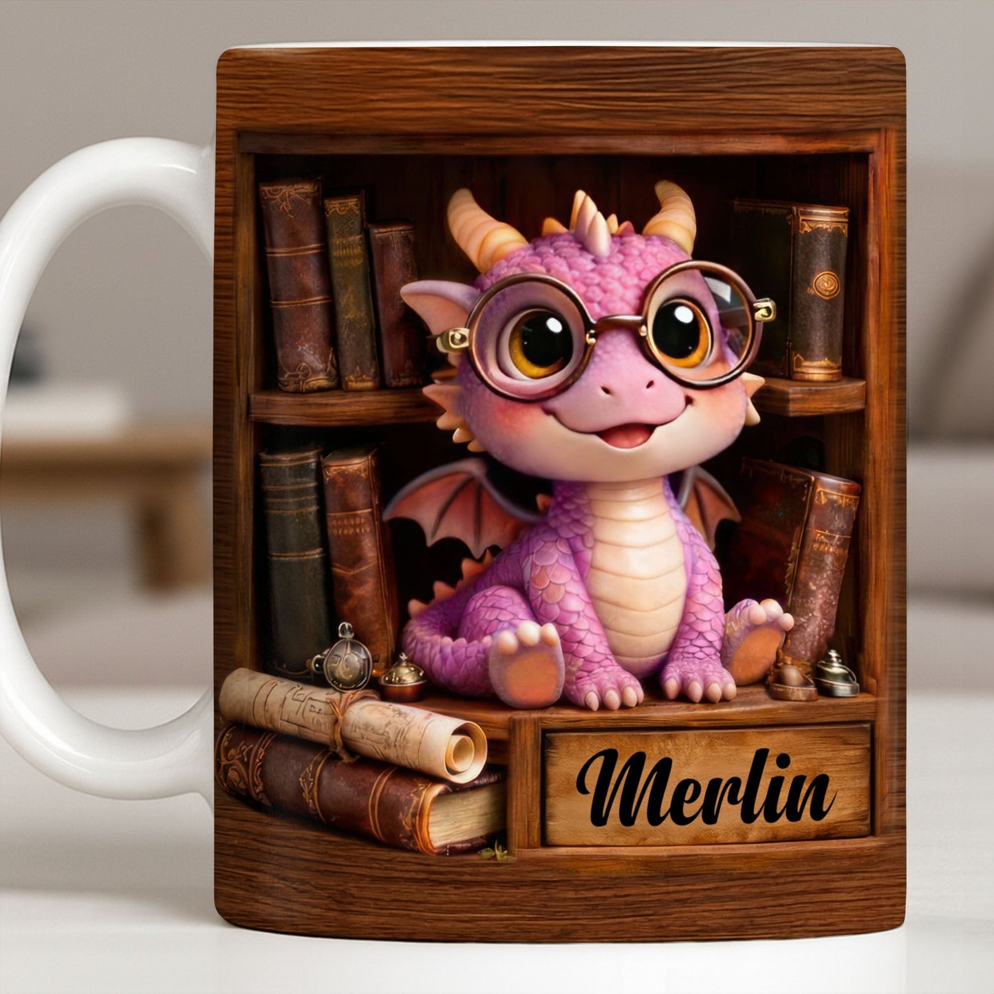 Cute Baby Dragon With Glasses, Books And Scrolls Wooden Bookshelf - Personalized Custom Coffee Mug - BLV093_MG