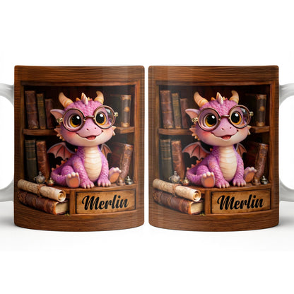 Cute Baby Dragon With Glasses, Books And Scrolls Wooden Bookshelf - Personalized Custom Coffee Mug - BLV093_MG
