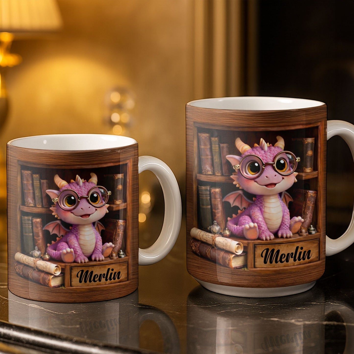 Cute Baby Dragon With Glasses, Books And Scrolls Wooden Bookshelf - Personalized Custom Coffee Mug - BLV093_MG