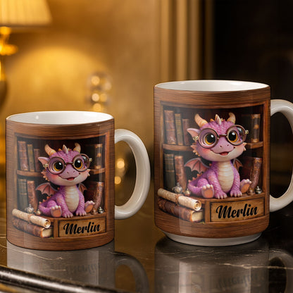 Cute Baby Dragon With Glasses, Books And Scrolls Wooden Bookshelf - Personalized Custom Coffee Mug - BLV093_MG