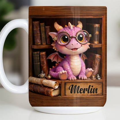 Cute Baby Dragon With Glasses, Books And Scrolls Wooden Bookshelf - Personalized Custom Coffee Mug - BLV093_MG