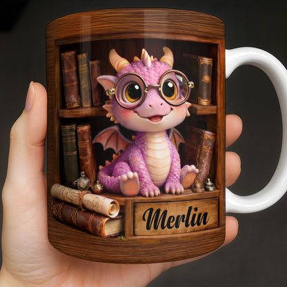 Cute Baby Dragon With Glasses, Books And Scrolls Wooden Bookshelf - Personalized Custom Coffee Mug - BLV093_MG