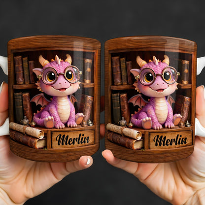 Cute Baby Dragon With Glasses, Books And Scrolls Wooden Bookshelf - Personalized Custom Coffee Mug - BLV093_MG