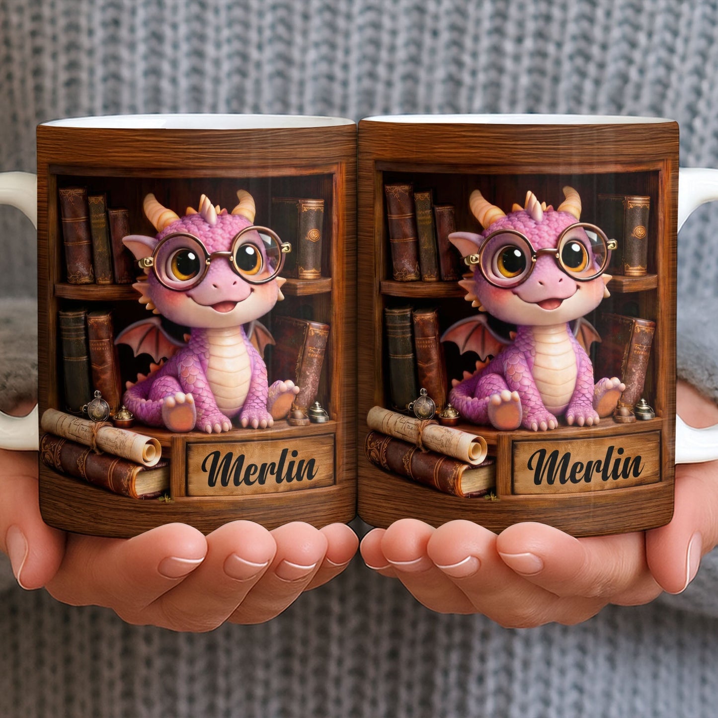 Cute Baby Dragon With Glasses, Books And Scrolls Wooden Bookshelf - Personalized Custom Coffee Mug - BLV093_MG
