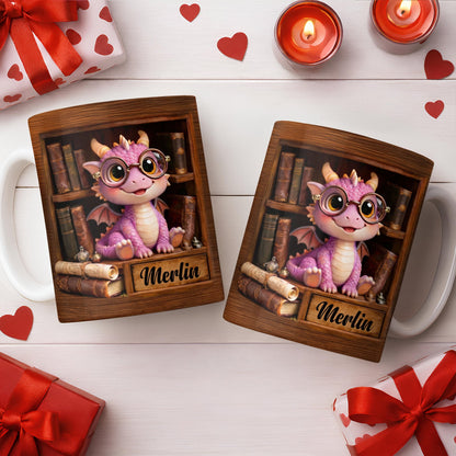 Cute Baby Dragon With Glasses, Books And Scrolls Wooden Bookshelf - Personalized Custom Coffee Mug - BLV093_MG