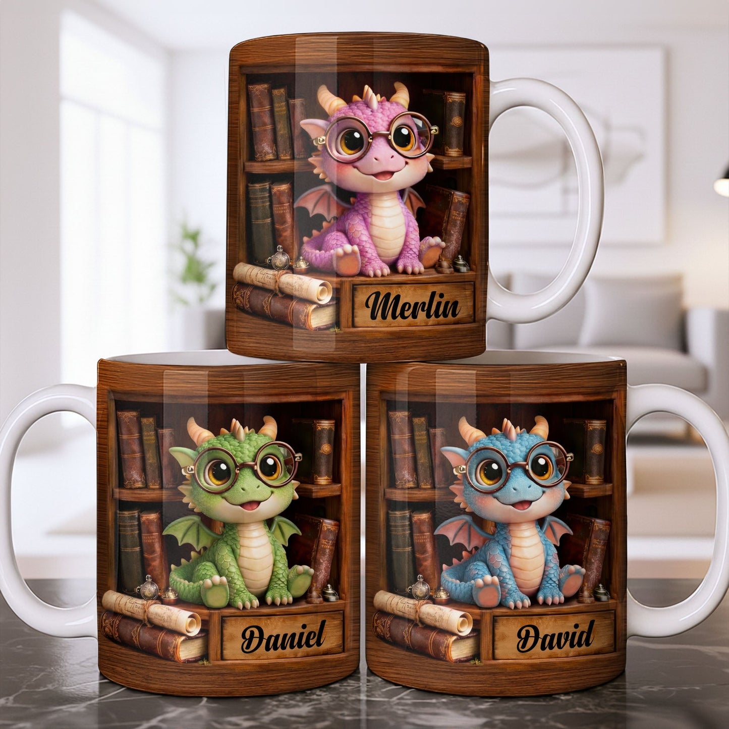 Cute Baby Dragon With Glasses, Books And Scrolls Wooden Bookshelf - Personalized Custom Coffee Mug - BLV093_MG