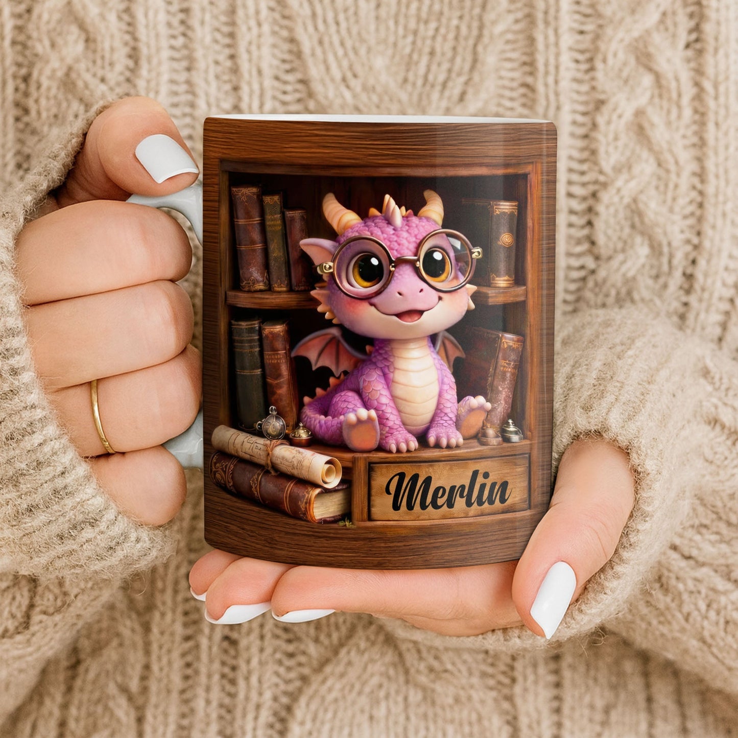 Cute Baby Dragon With Glasses, Books And Scrolls Wooden Bookshelf - Personalized Custom Coffee Mug - BLV093_MG